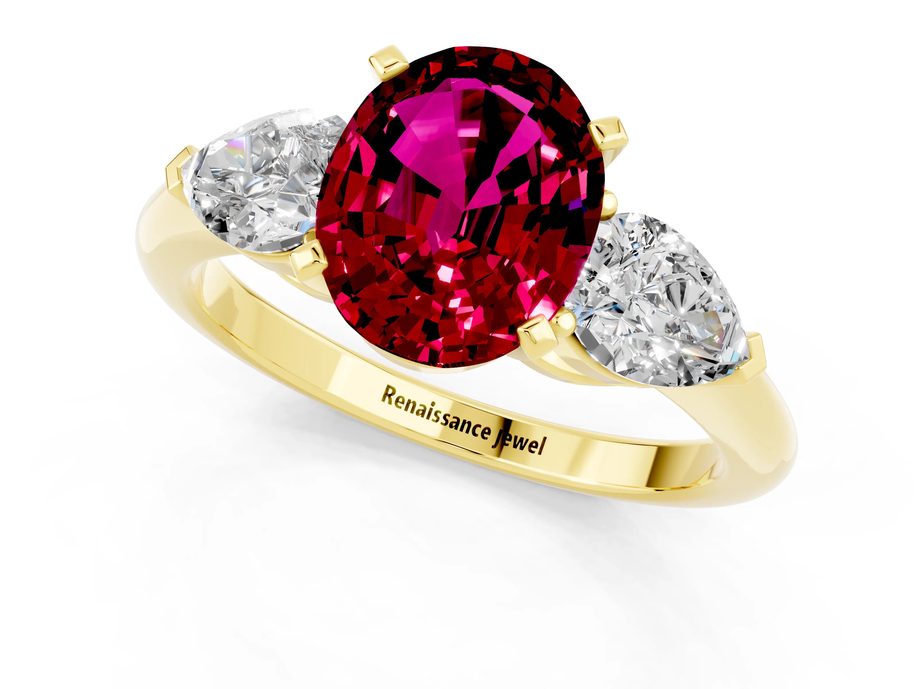 Yellow gold Three-Stone Oval Cut Garnet Ring with Pear Side Stones and Four-Prong Setting_1