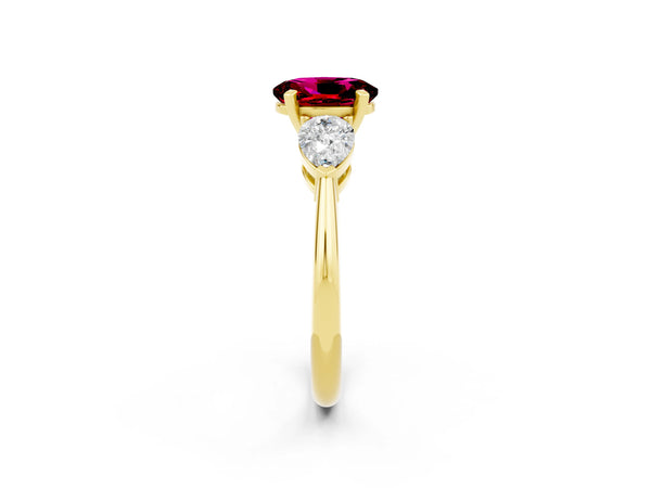 Yellow gold Three-Stone Oval Cut Garnet Ring with Pear Side Stones and Four-Prong Setting