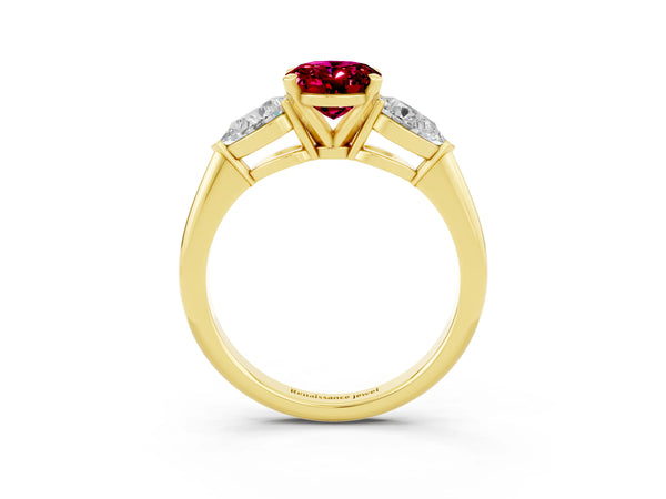 Yellow gold Three-Stone Oval Cut Garnet Ring with Pear Side Stones and Four-Prong Setting