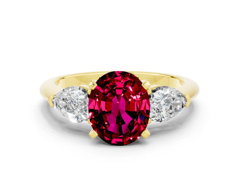 Yellow gold Three-Stone Oval Cut Garnet Ring with Pear Side Stones and Four-Prong Setting