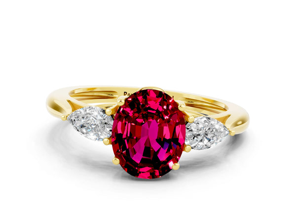 Yellow gold Three-Stone Oval Cut Garnet Ring with Pear  Side Stones in Four-Prong Setting