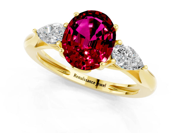 Yellow gold Three-Stone Oval Cut Garnet Ring with Pear  Side Stones in Four-Prong Setting