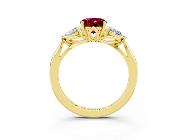 Yellow gold Three-Stone Oval Cut Garnet Ring with Pear  Side Stones in Four-Prong Setting