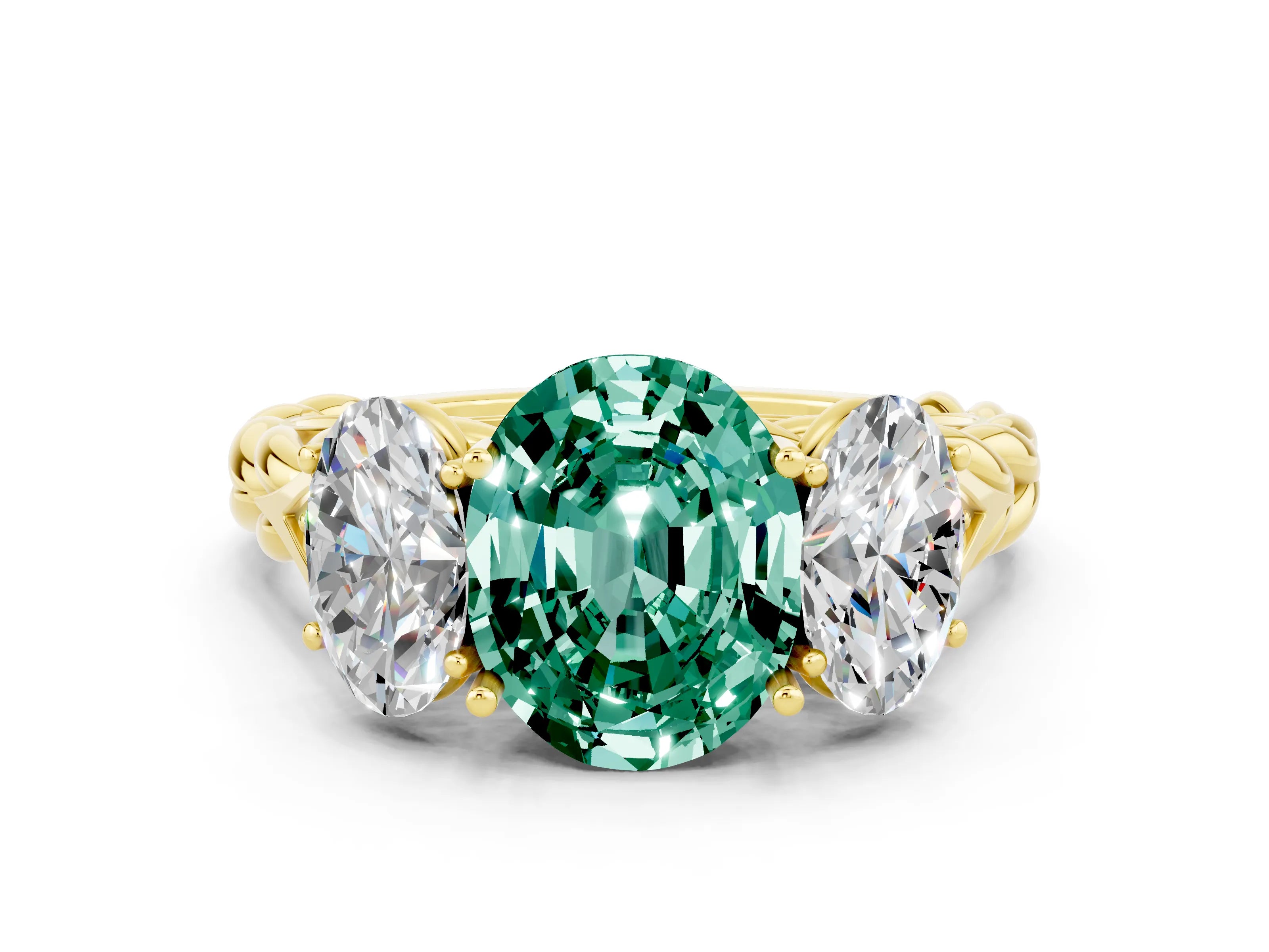 Yellow gold Three-Stone Oval Cut Green Sapphire Braided Band Ring with Four-Prong Setting_24
