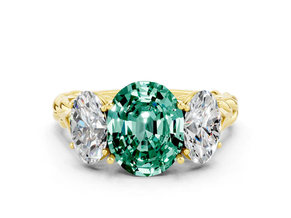 Yellow gold Three-Stone Oval Cut Green Sapphire Braided Band Ring with Four-Prong Setting