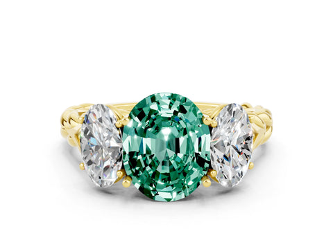 Yellow gold Three-Stone Oval Cut Green Sapphire Braided Band Ring with Four-Prong Setting_24