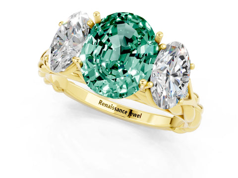 Yellow gold Three-Stone Oval Cut Green Sapphire Braided Band Ring with Four-Prong Setting_25