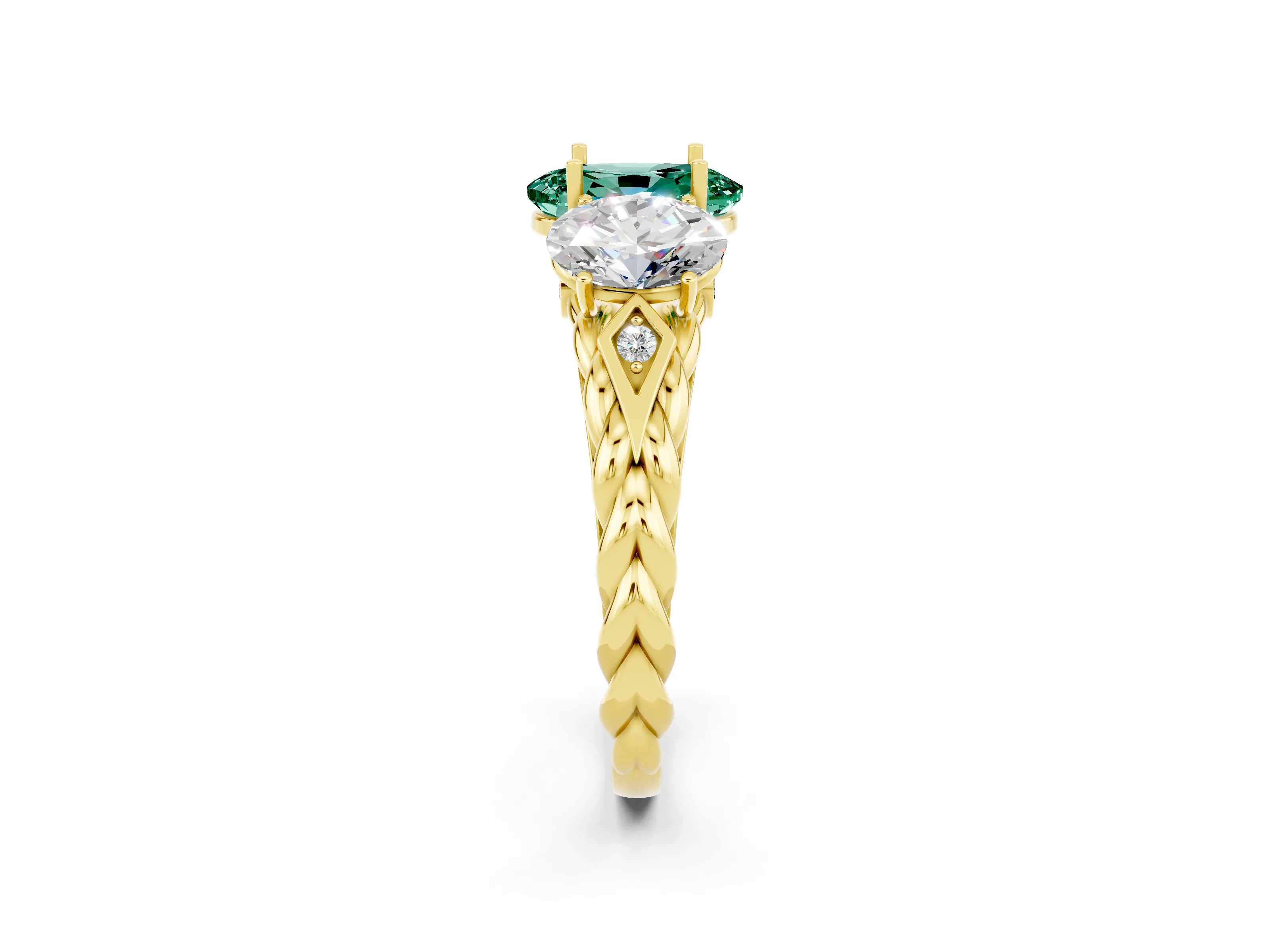 Yellow gold Three-Stone Oval Cut Green Sapphire Braided Band Ring with Four-Prong Setting_26