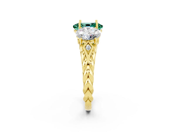 Yellow gold Three-Stone Oval Cut Green Sapphire Braided Band Ring with Four-Prong Setting