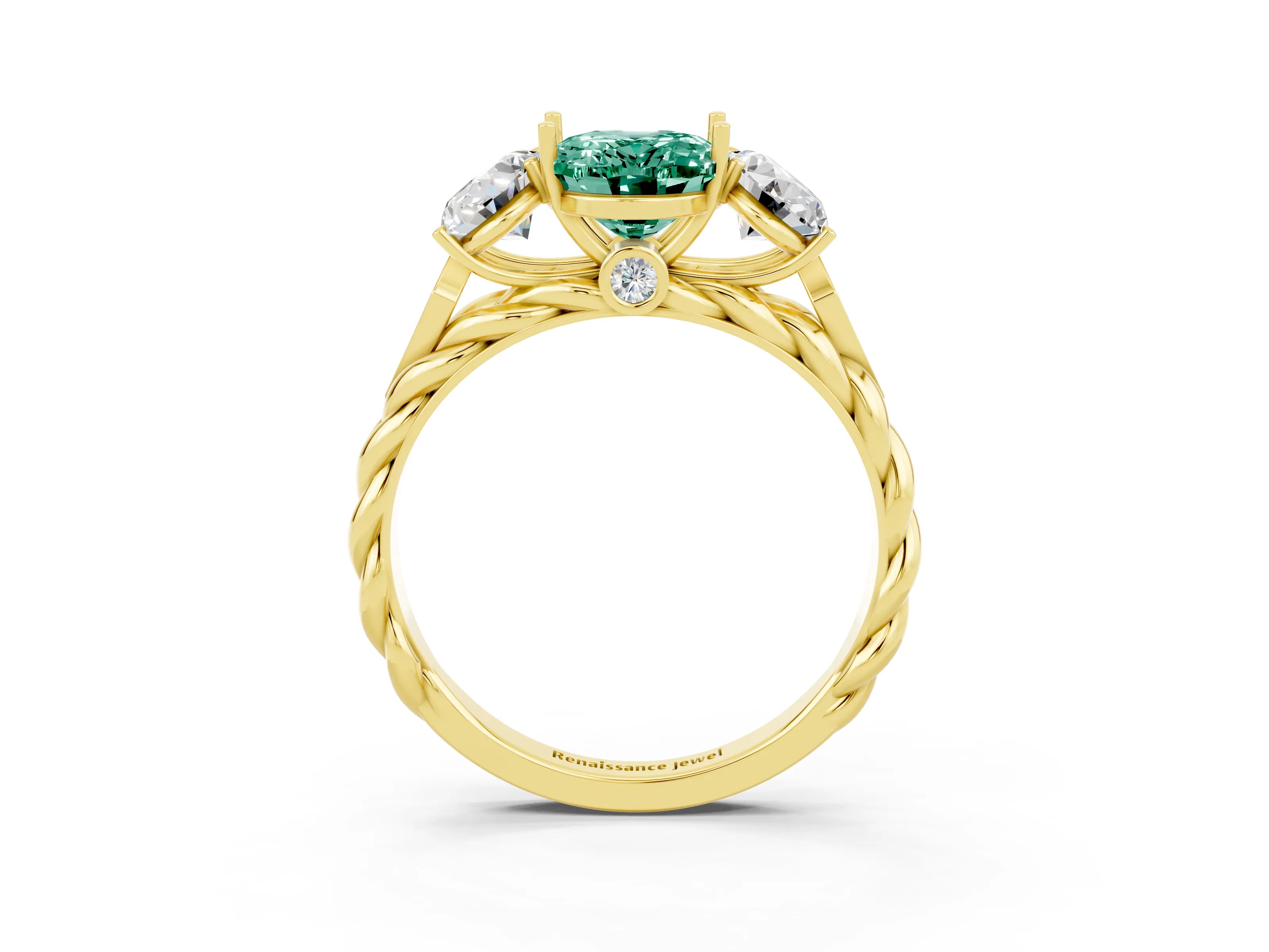 Yellow gold Three-Stone Oval Cut Green Sapphire Braided Band Ring with Four-Prong Setting_27