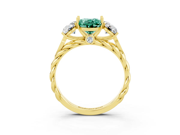 Yellow gold Three-Stone Oval Cut Green Sapphire Braided Band Ring with Four-Prong Setting