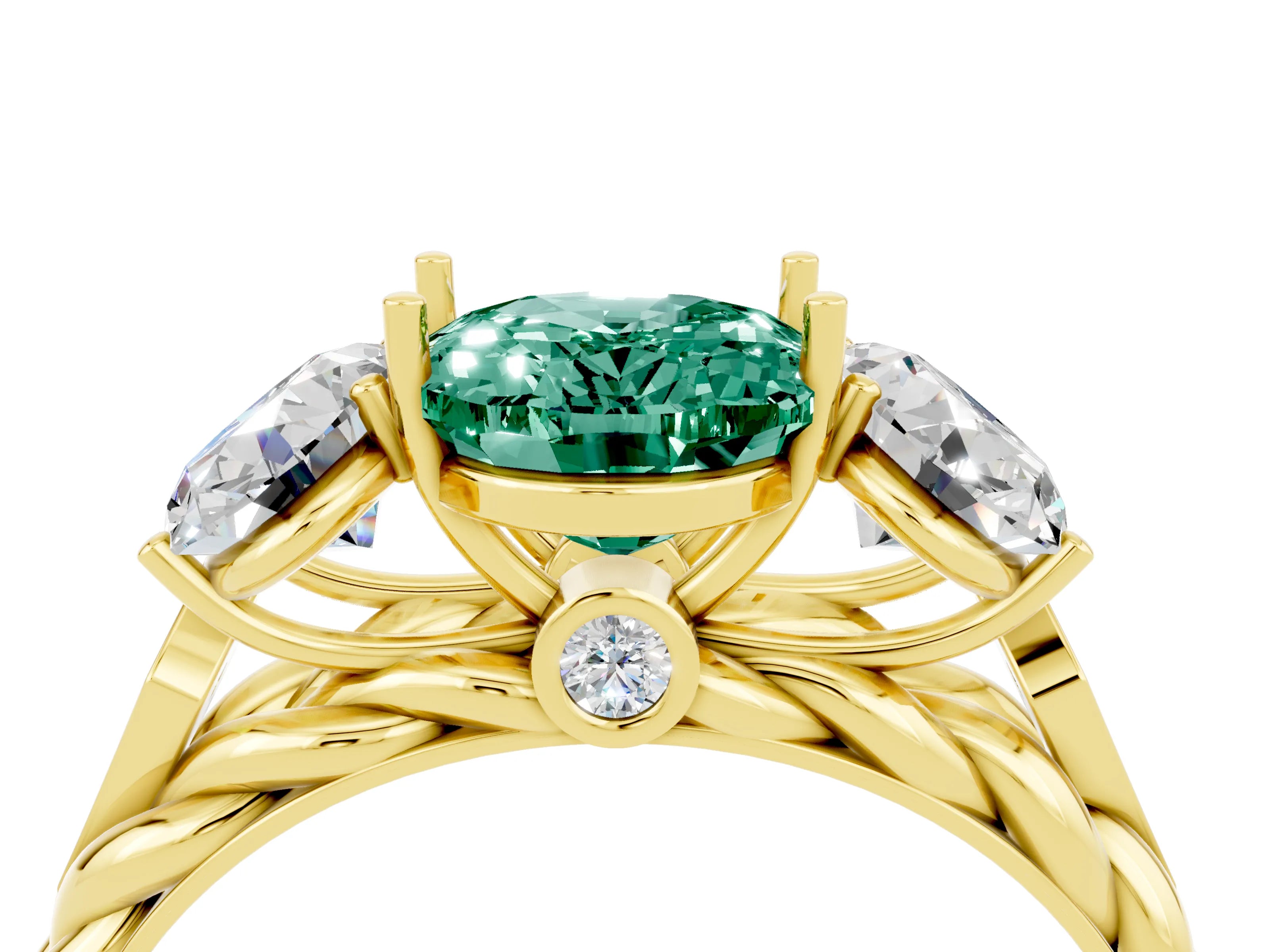 Yellow gold Three-Stone Oval Cut Green Sapphire Braided Band Ring with Four-Prong Setting_28