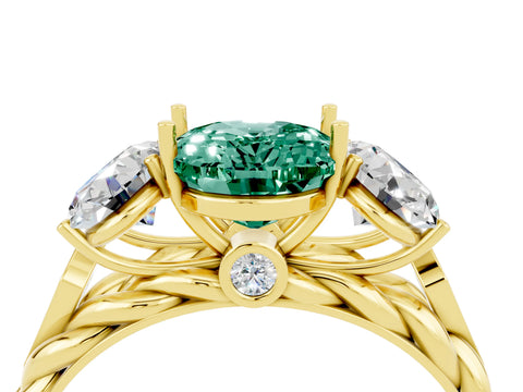 Yellow gold Three-Stone Oval Cut Green Sapphire Braided Band Ring with Four-Prong Setting_28