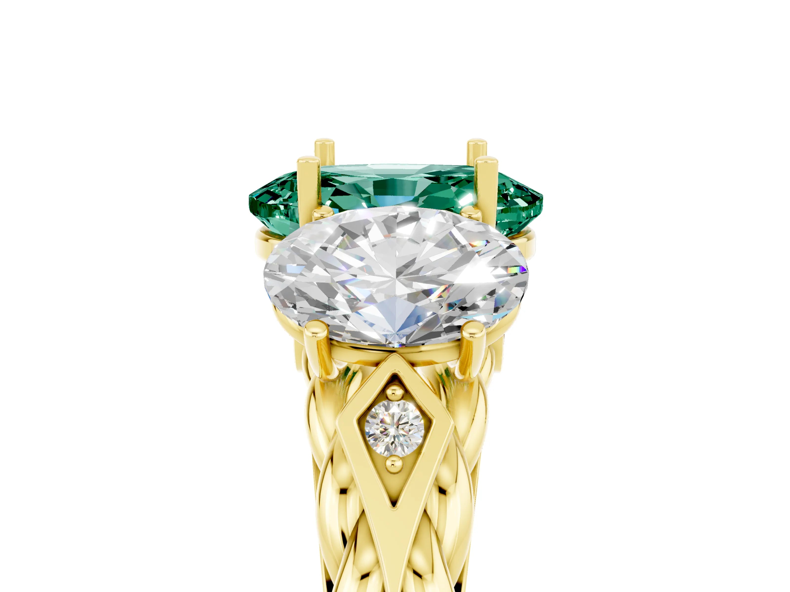 Yellow gold Three-Stone Oval Cut Green Sapphire Braided Band Ring with Four-Prong Setting_29