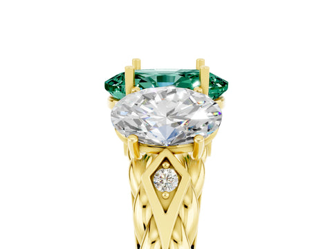 Yellow gold Three-Stone Oval Cut Green Sapphire Braided Band Ring with Four-Prong Setting_29