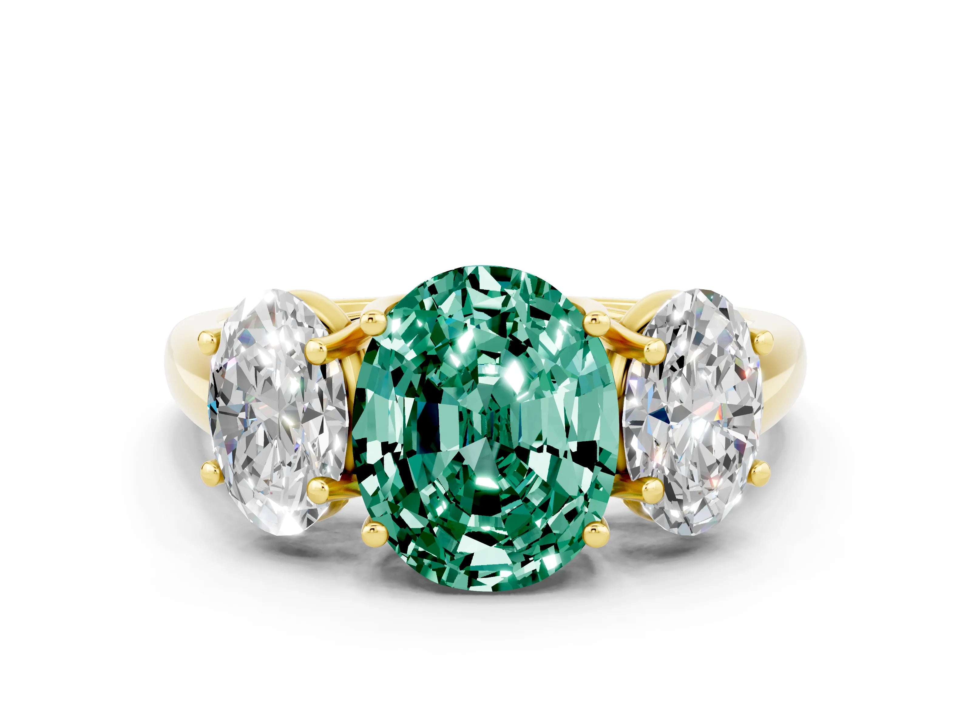 Yellow gold Three-Stone Oval Cut Green Sapphire Engagement Ring with Prong Setting