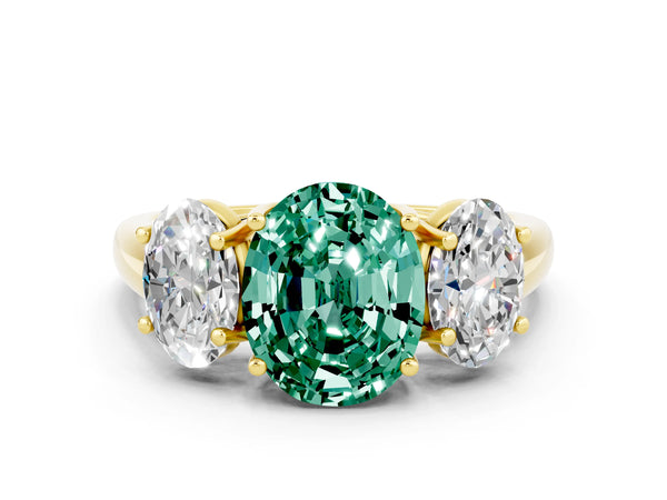 Yellow gold Three-Stone Oval Cut Green Sapphire Engagement Ring with Prong Setting