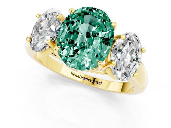 Yellow gold Three-Stone Oval Cut Green Sapphire Engagement Ring with Prong Setting