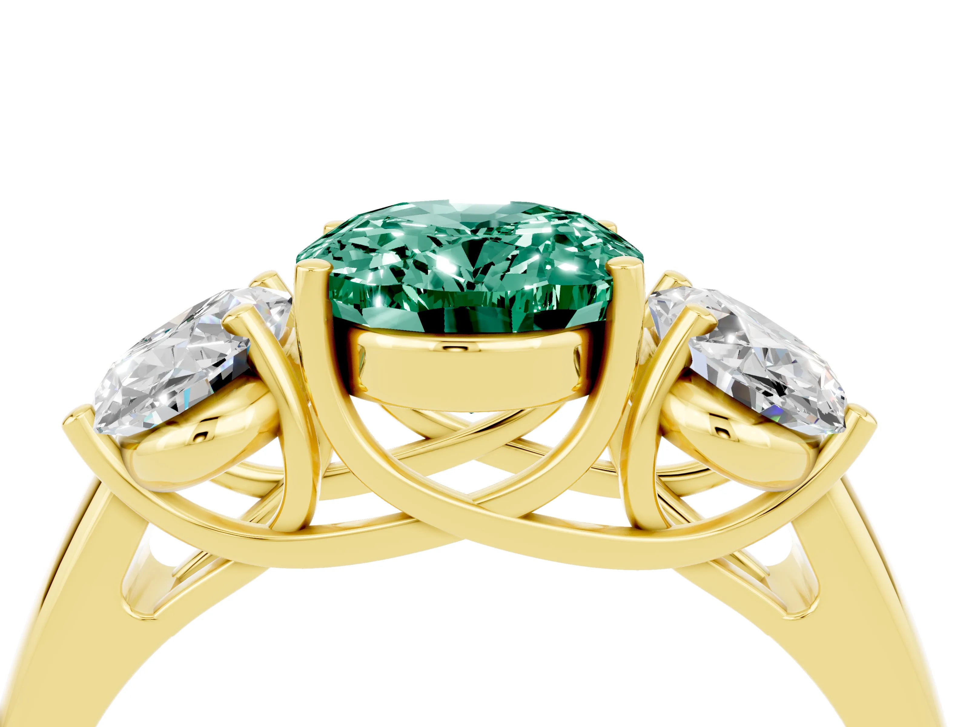 Yellow gold Three-Stone Oval Cut Green Sapphire Engagement Ring with Prong Setting_4