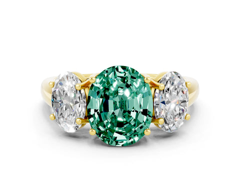 Yellow gold Three-Stone Oval Cut Green Sapphire Engagement Ring with Prong Setting
