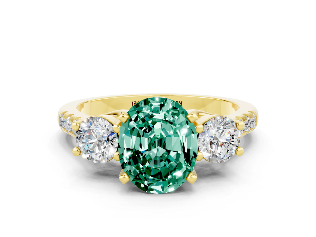 Yellow gold Three-Stone Oval Cut Green Sapphire Pavé Band with Four-Prong Setting
