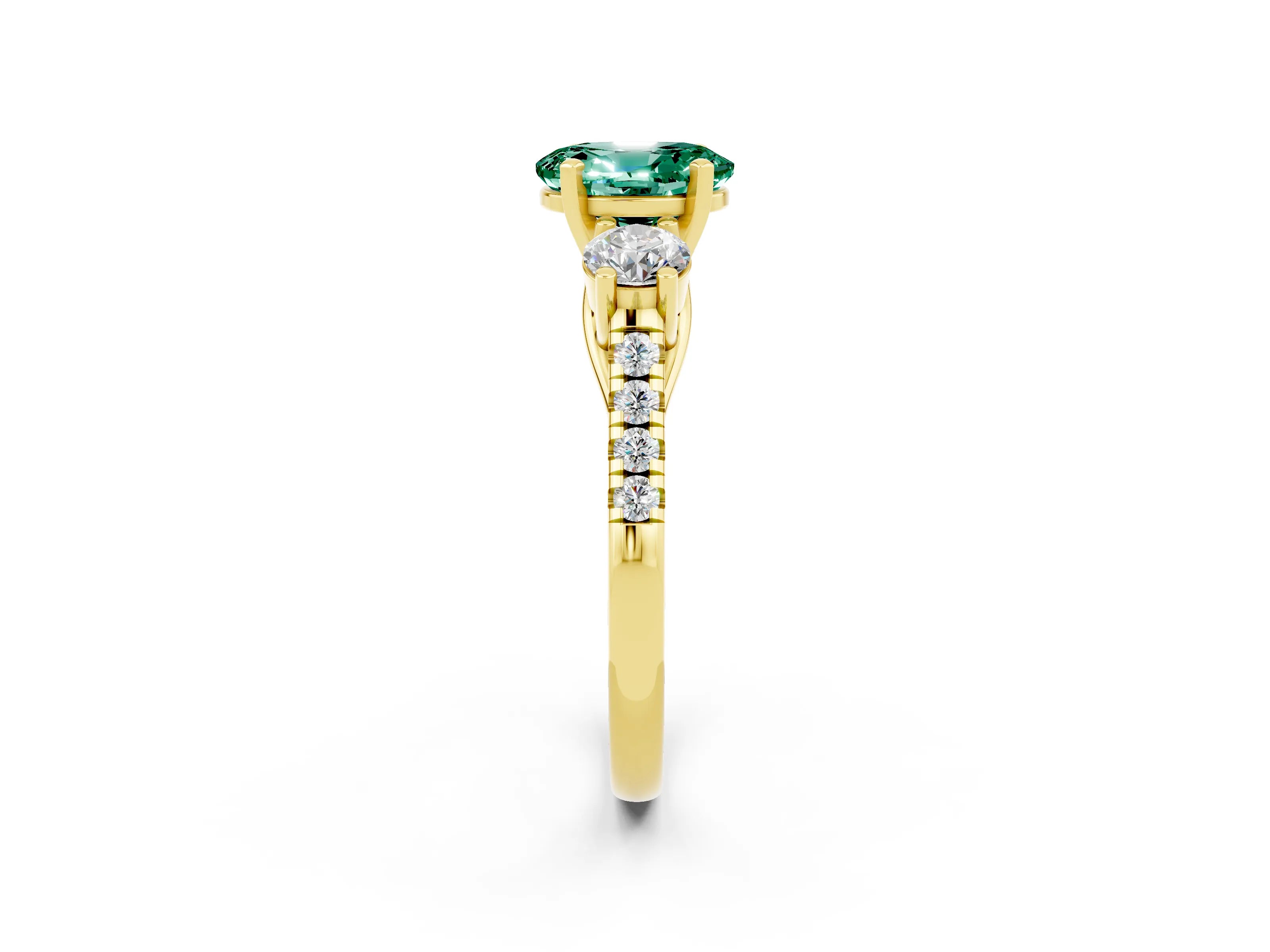 Yellow gold Three-Stone Oval Cut Green Sapphire Pavé Band with Four-Prong Setting_2