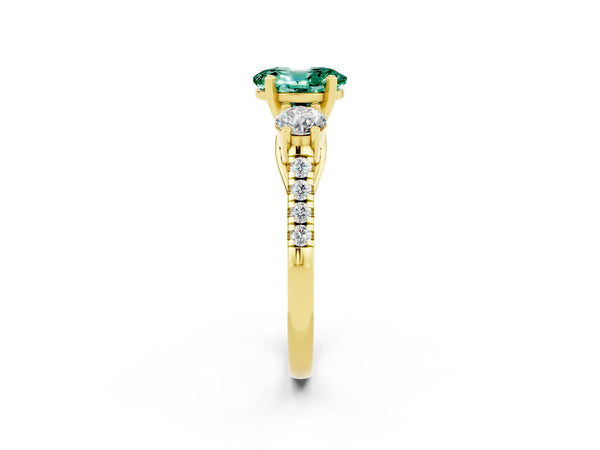Yellow gold Three-Stone Oval Cut Green Sapphire Pavé Band with Four-Prong Setting