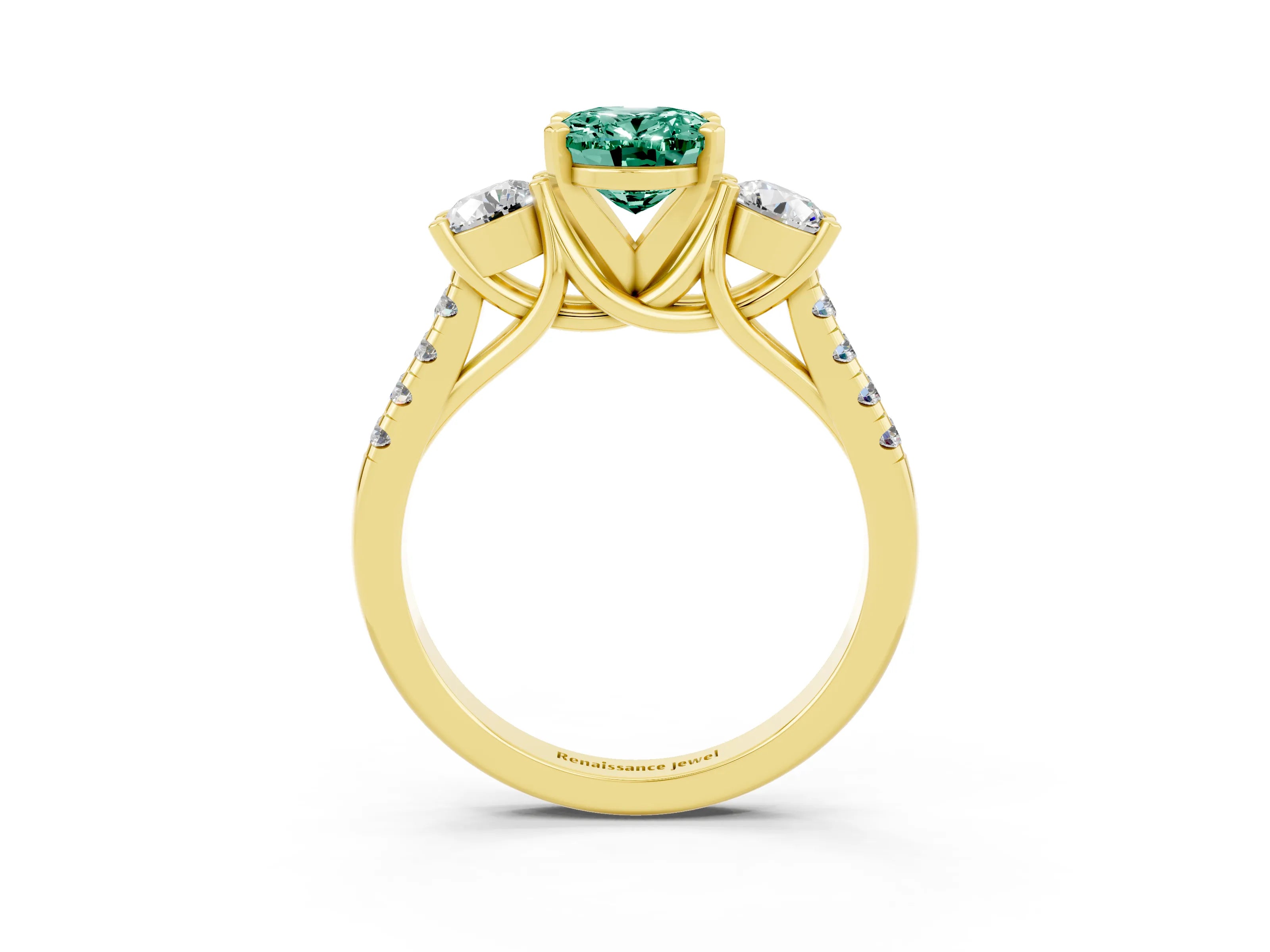 Yellow gold Three-Stone Oval Cut Green Sapphire Pavé Band with Four-Prong Setting_3