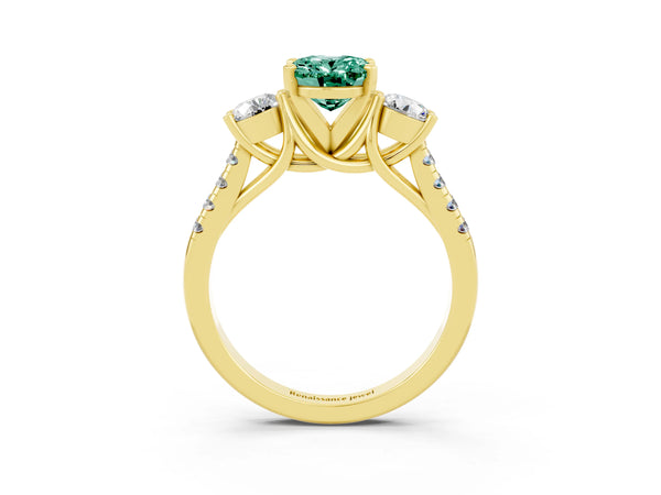 Yellow gold Three-Stone Oval Cut Green Sapphire Pavé Band with Four-Prong Setting