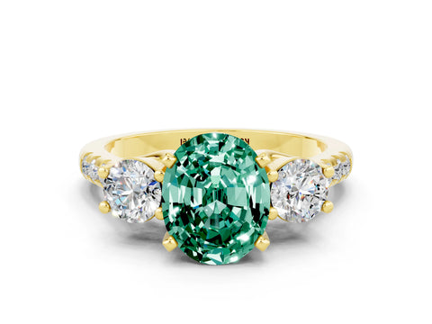 Yellow gold Three-Stone Oval Cut Green Sapphire Pavé Band with Four-Prong Setting