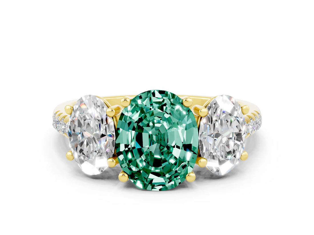 Yellow gold Three-Stone Oval Cut Green Sapphire Ring with Pavé Band and Prong Setting_12
