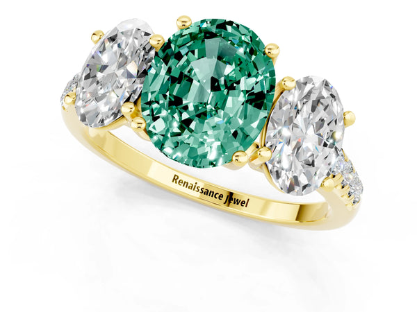 Yellow gold Three-Stone Oval Cut Green Sapphire Ring with Round  Pavé Band and Prong Setting