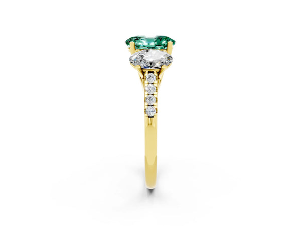 Yellow gold Three-Stone Oval Cut Green Sapphire Ring with Round  Pavé Band and Prong Setting