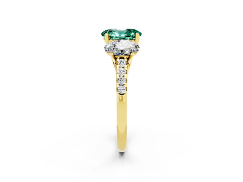 Yellow gold Three-Stone Oval Cut Green Sapphire Ring with Pavé Band and Prong Setting_14