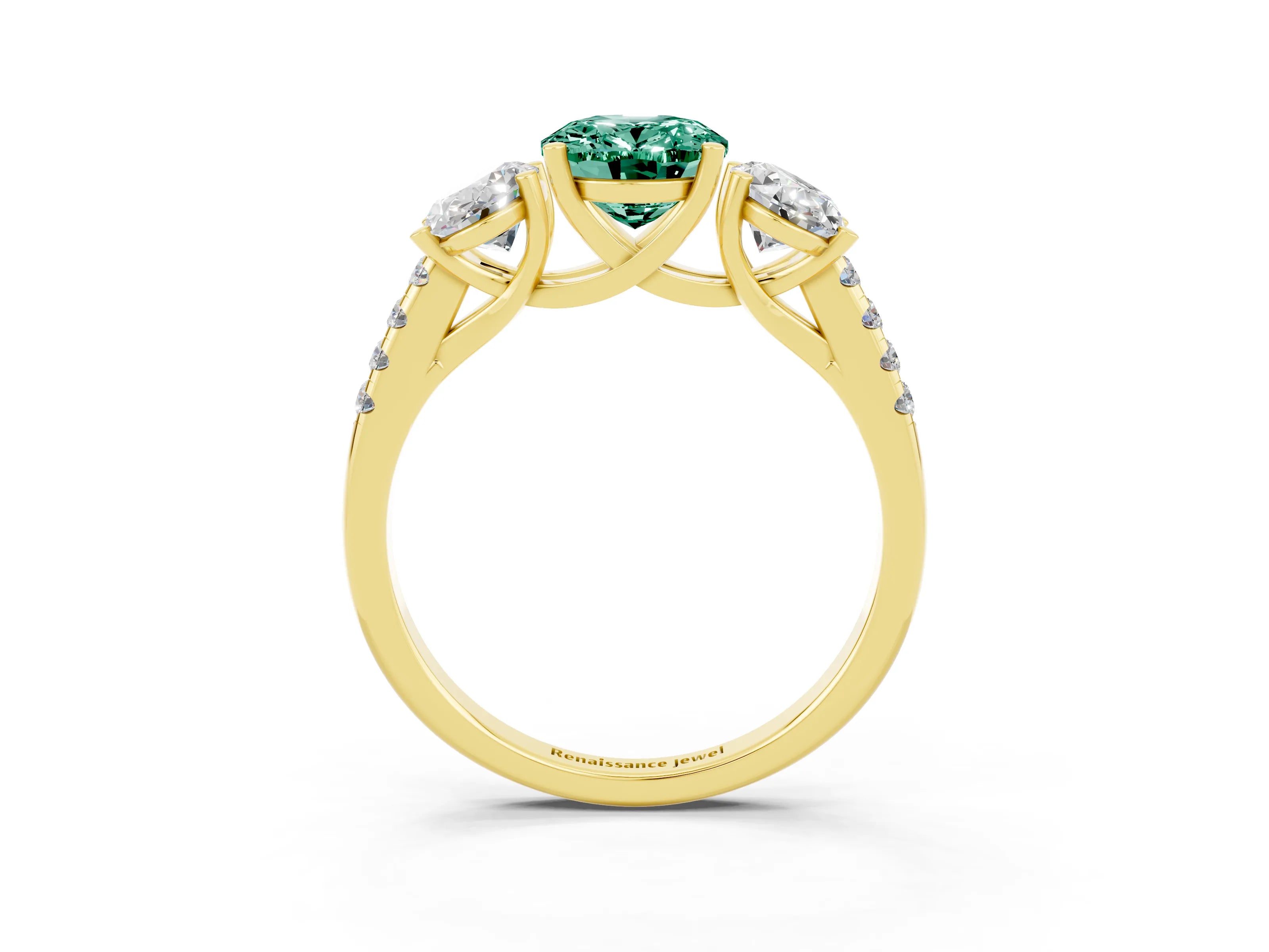 Yellow gold Three-Stone Oval Cut Green Sapphire Ring with Pavé Band and Prong Setting_15