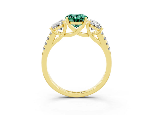 Yellow gold Three-Stone Oval Cut Green Sapphire Ring with Round  Pavé Band and Prong Setting