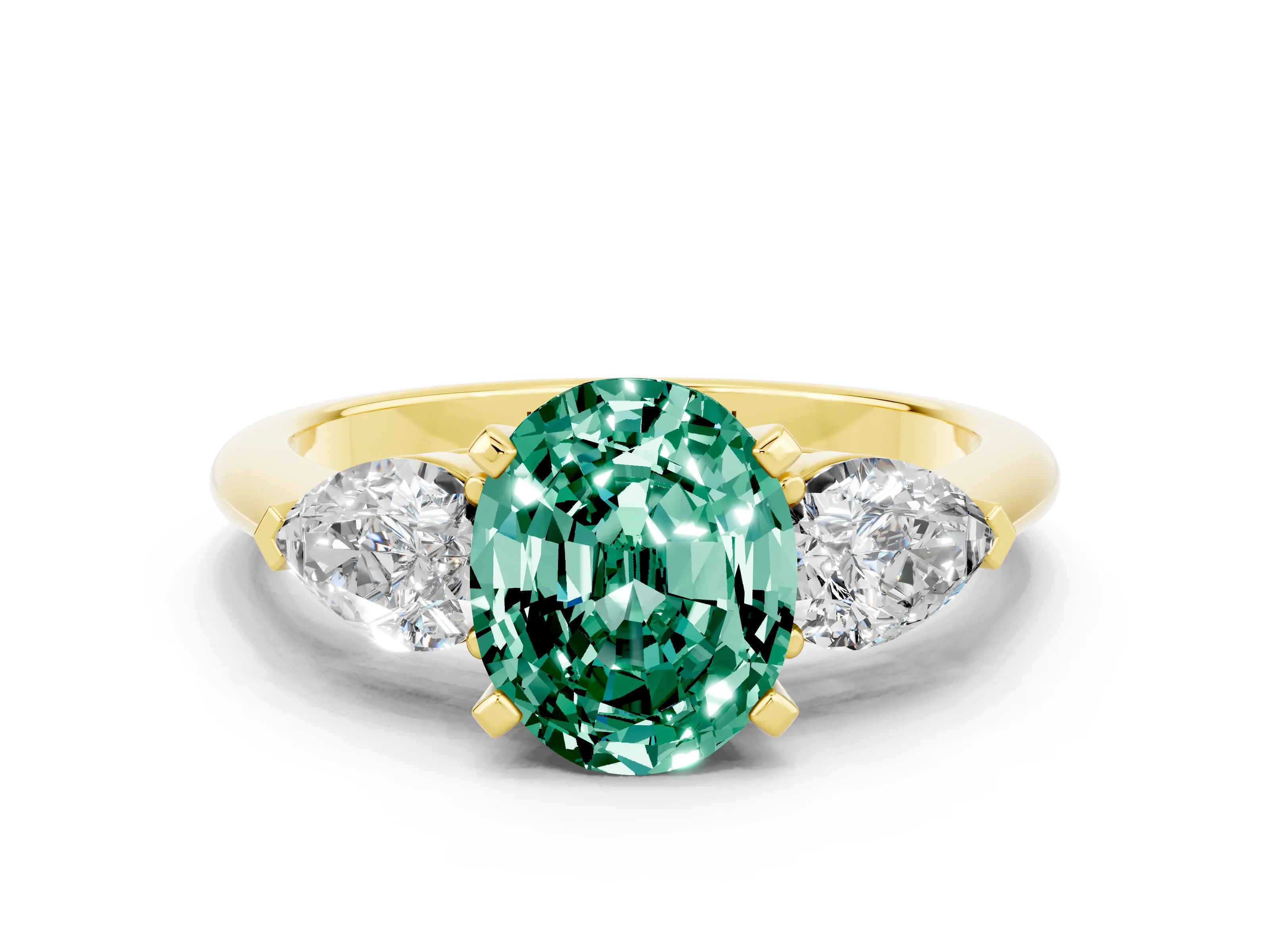 Yellow gold Three-Stone Oval Cut Green Sapphire Ring with Pear Side Stones and Four-Prong Setting