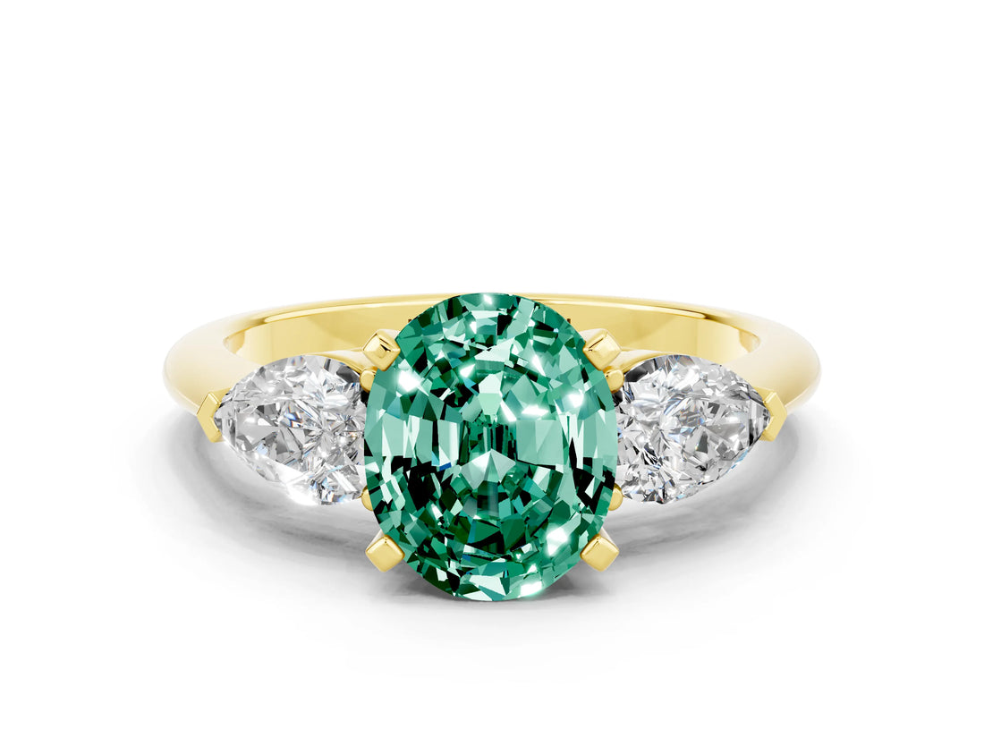 Yellow gold Three-Stone Oval Cut Green Sapphire Ring with Pear Side Stones and Four-Prong Setting
