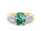 Yellow gold Three-Stone Oval Cut Green Sapphire Ring with Pear Side Stones and Four-Prong Setting