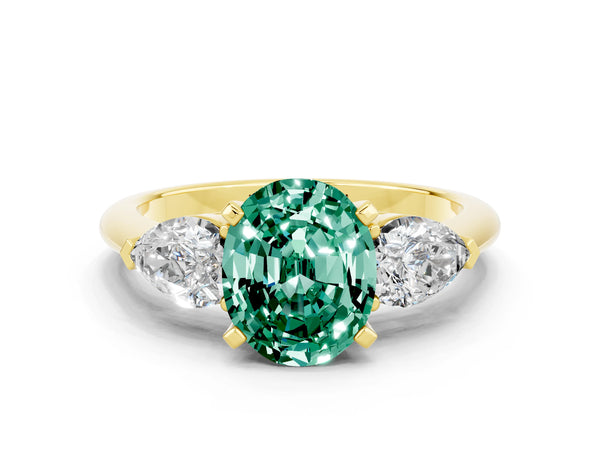 Yellow gold Three-Stone Oval Cut Green Sapphire Ring with Pear Side Stones and Four-Prong Setting