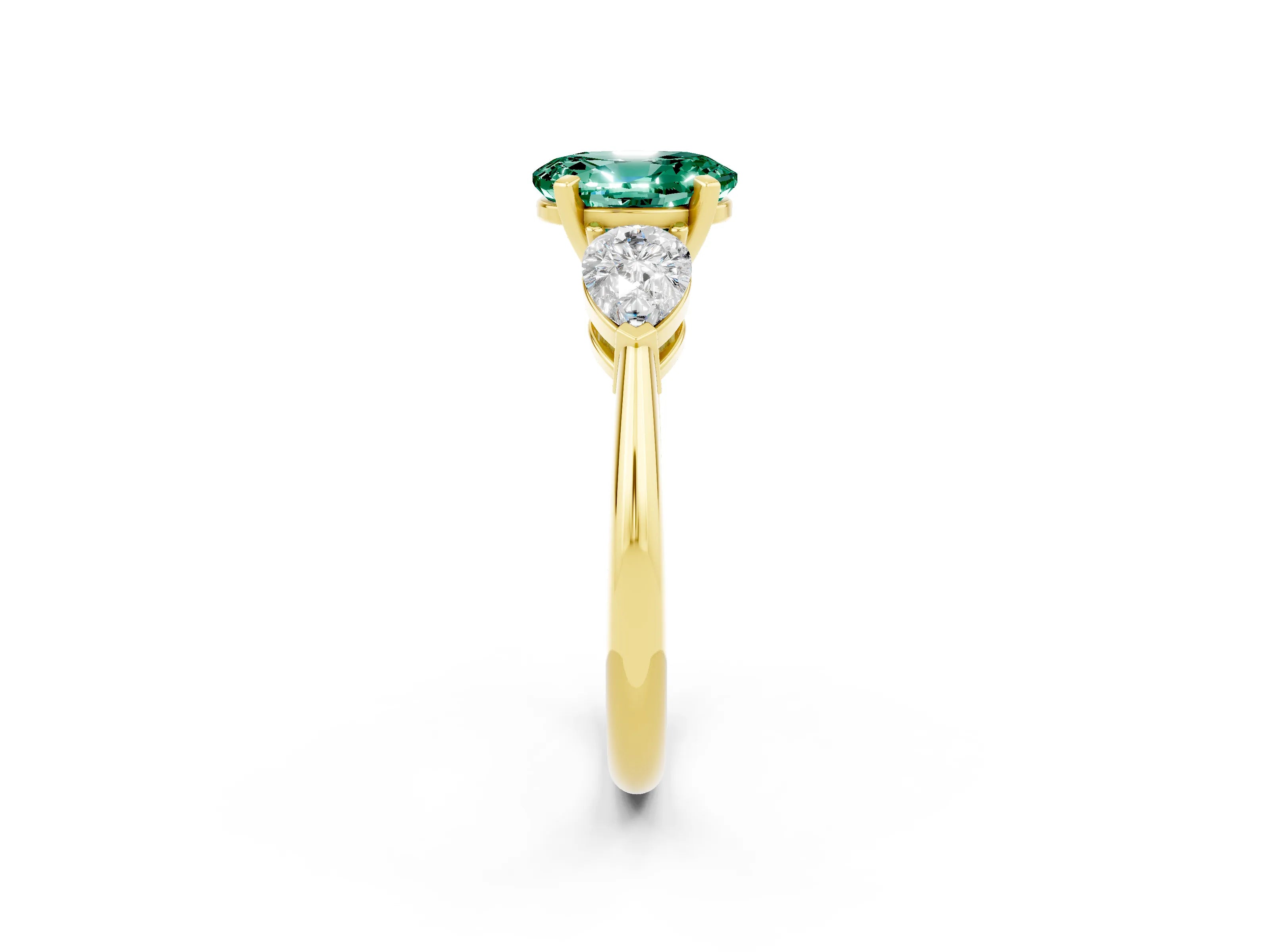 Yellow gold Three-Stone Oval Cut Green Sapphire Ring with Pear Side Stones and Four-Prong Setting_2