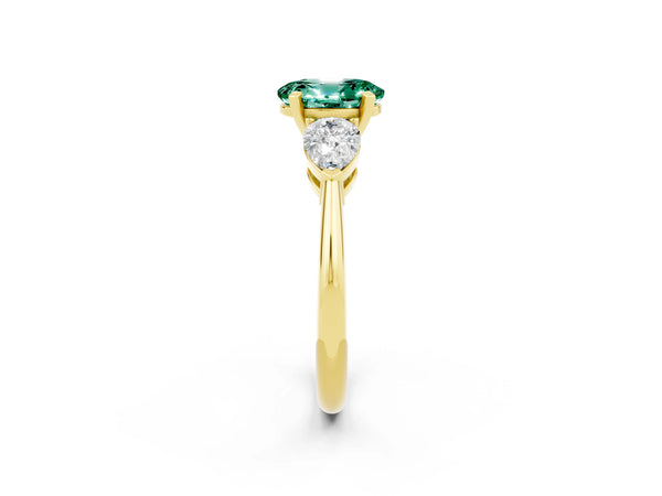 Yellow gold Three-Stone Oval Cut Green Sapphire Ring with Pear Side Stones and Four-Prong Setting