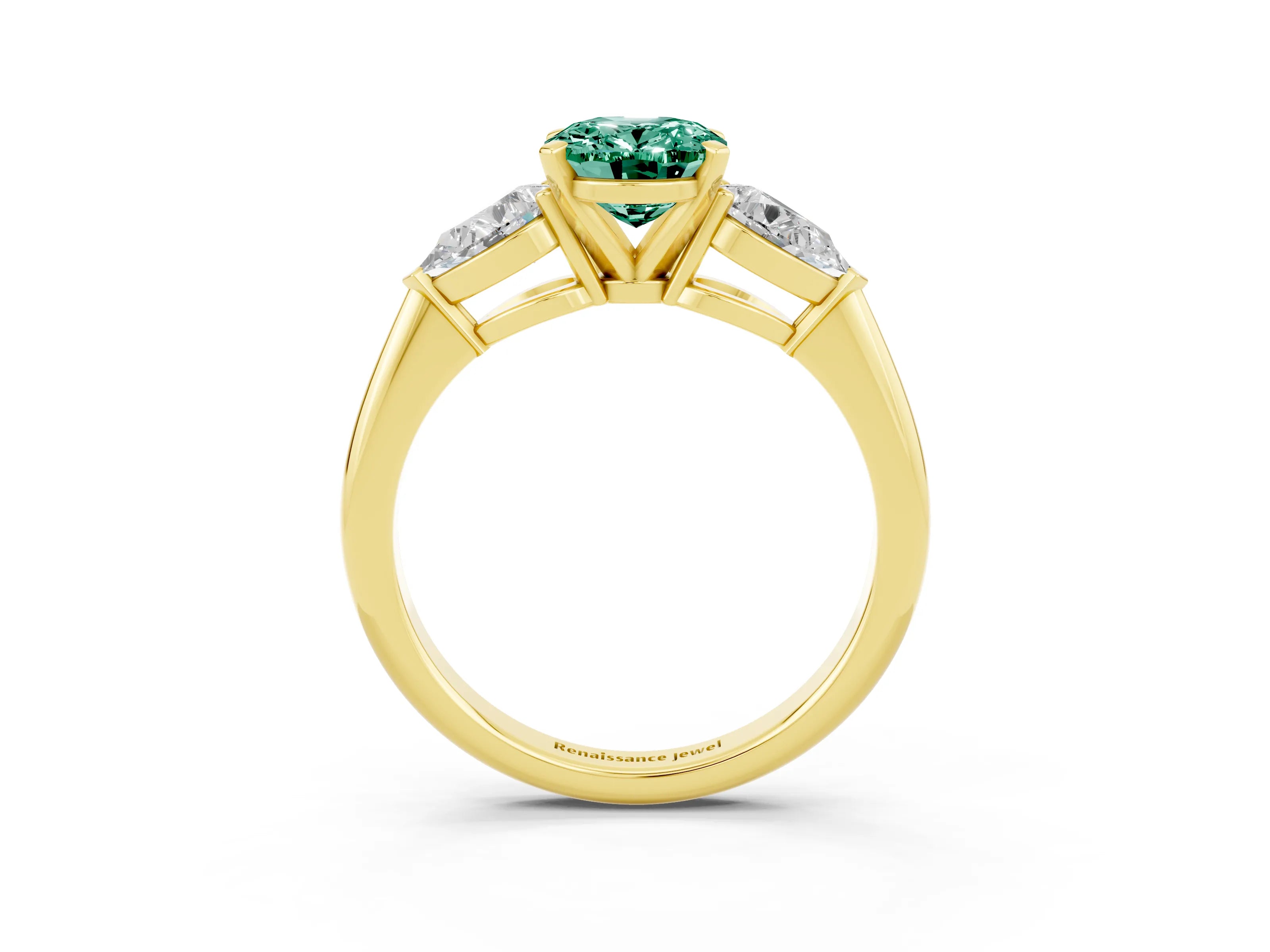 Yellow gold Three-Stone Oval Cut Green Sapphire Ring with Pear Side Stones and Four-Prong Setting_3