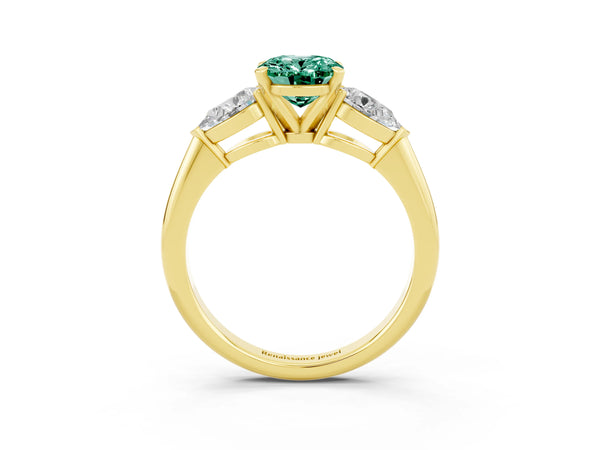 Yellow gold Three-Stone Oval Cut Green Sapphire Ring with Pear Side Stones and Four-Prong Setting