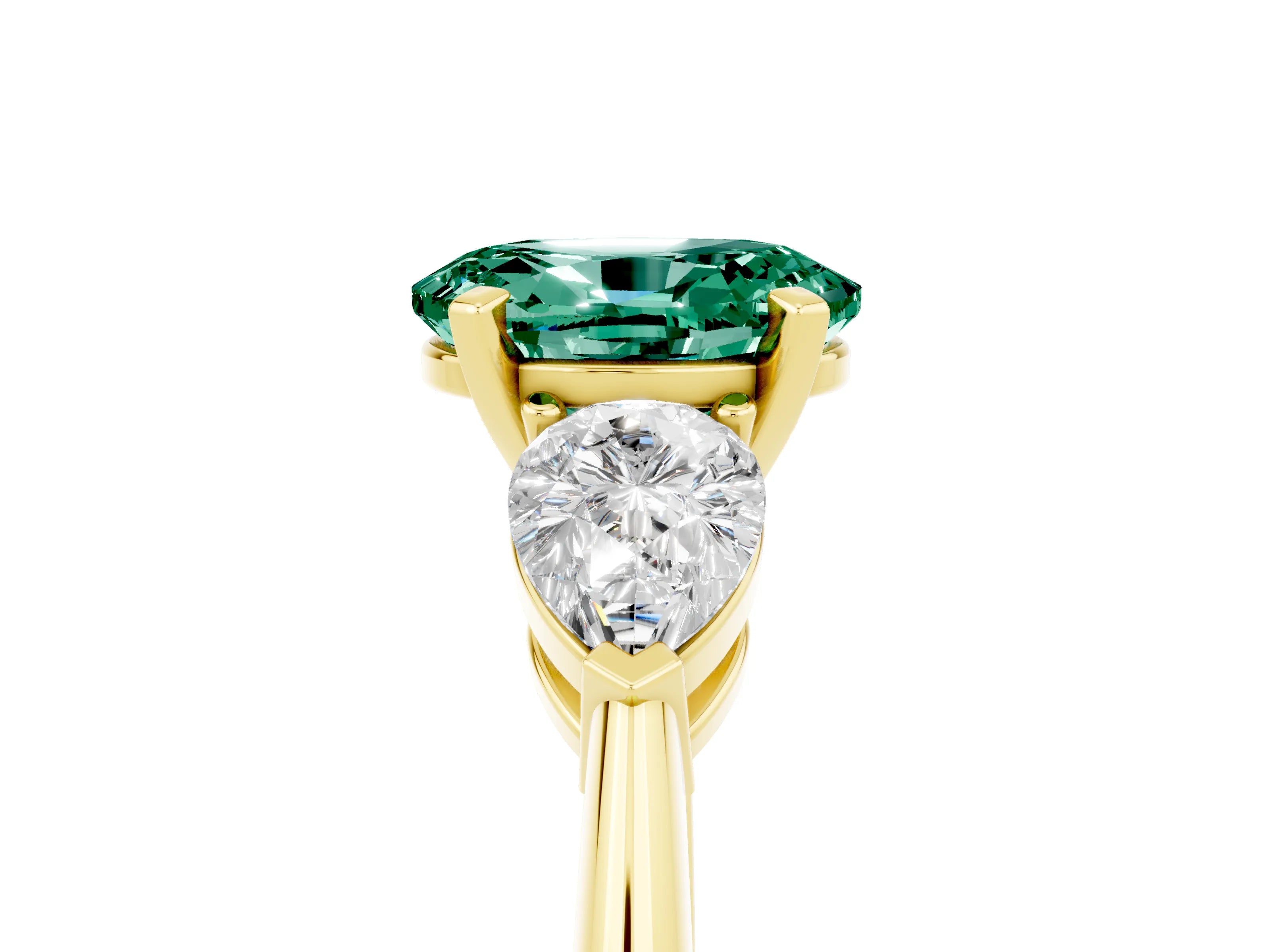 Yellow gold Three-Stone Oval Cut Green Sapphire Ring with Pear Side Stones and Four-Prong Setting_5