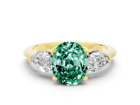 Yellow gold Three-Stone Oval Cut Green Sapphire Ring with Pear Side Stones and Four-Prong Setting