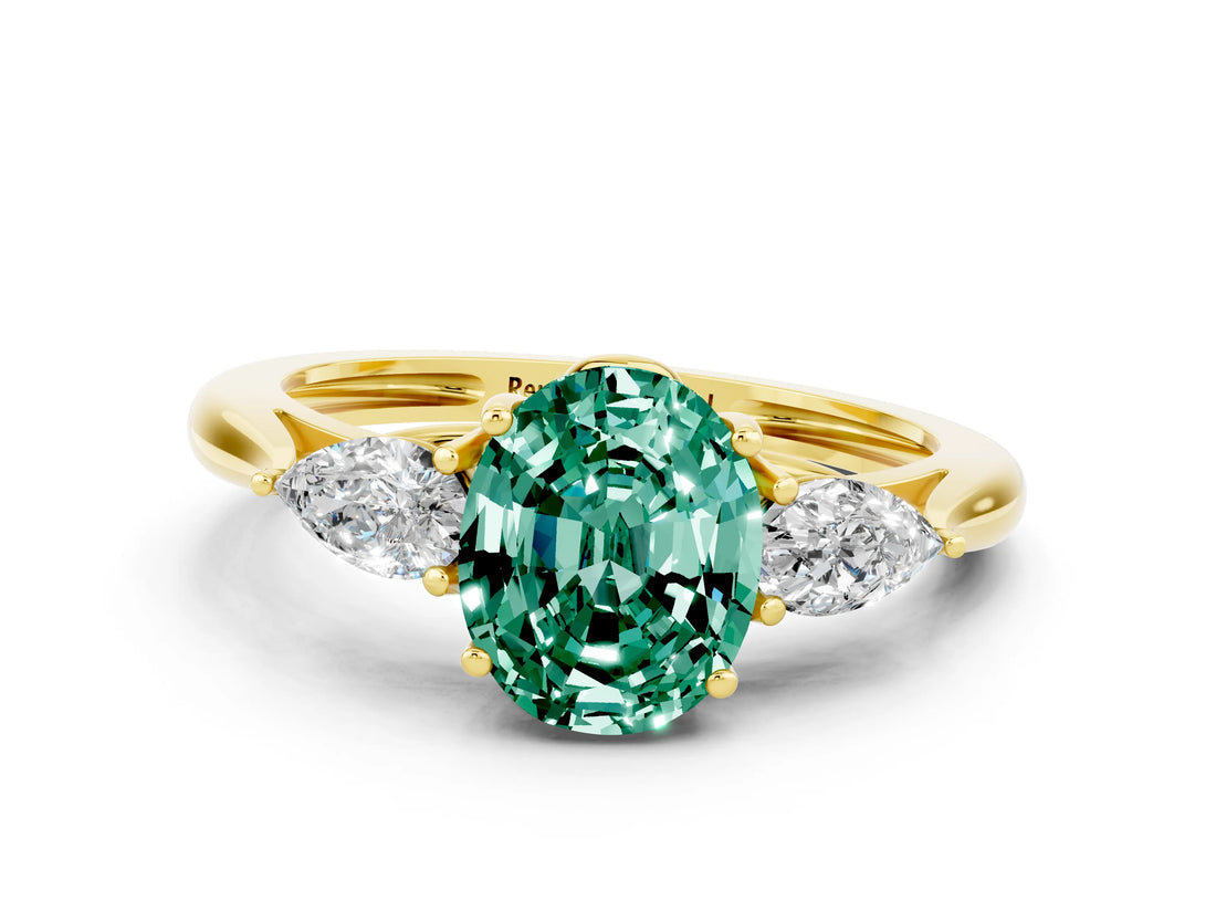 Yellow gold Three-Stone Oval Cut Green Sapphire Ring with Pear  Side Stones in Four-Prong Setting_12