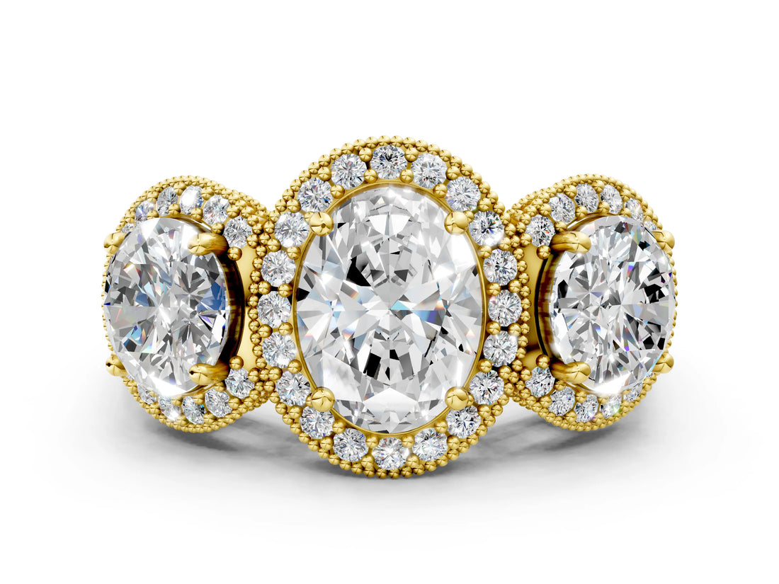 Yellow gold Three-Stone Oval Cut Halo Diamond Milgrain Band with Four-Prong Setting_3