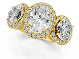 Yellow gold Three-Stone Oval Cut Halo Diamond Milgrain Band with Four-Prong Setting_4
