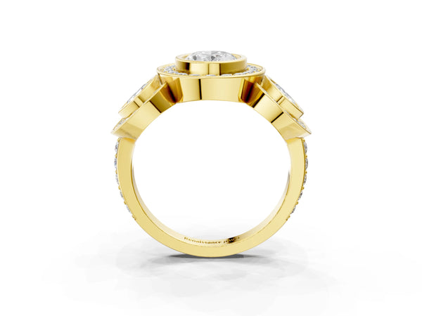 Yellow Gold Oval Bezel Three Stone Halo Engagement Ring Setting with Pave Shoulders